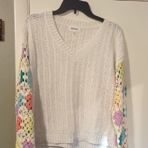 ADORA Women's V-Neck Sweater with Colorful Granny Block Crochet Sleeves